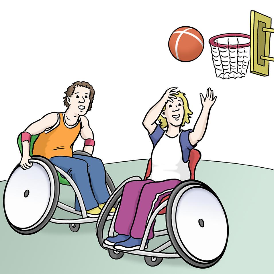 Zwei Menschen im Rollstuhl spielen Basketball. Einer wirft einen Ball auf den Korb, der andere schaut zu.