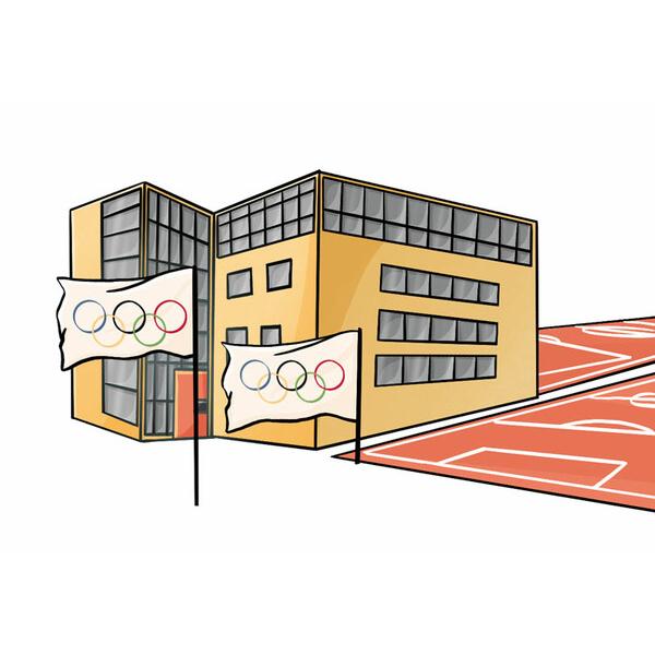 Illustration eines modernen Gebäudes mit olympischen Fahnen vor einer roten Sportfläche.