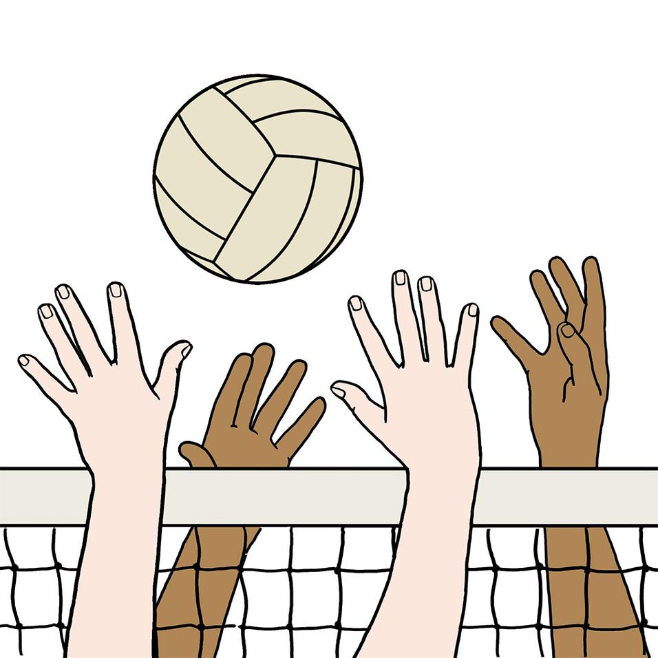 Hände verschiedener Hauttöne heben sich nach einem Volleyball über einem Netz. Der Ball schwebt darüber.