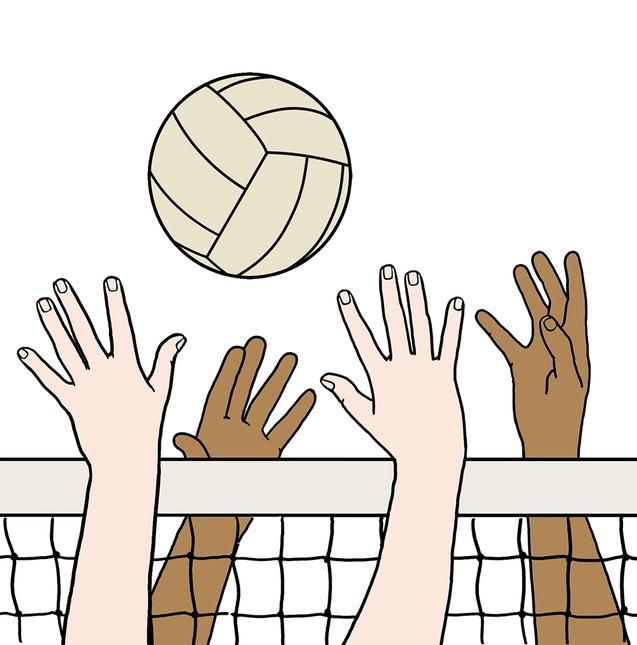 Hände verschiedener Hauttöne heben sich nach einem Volleyball über einem Netz. Der Ball schwebt darüber.