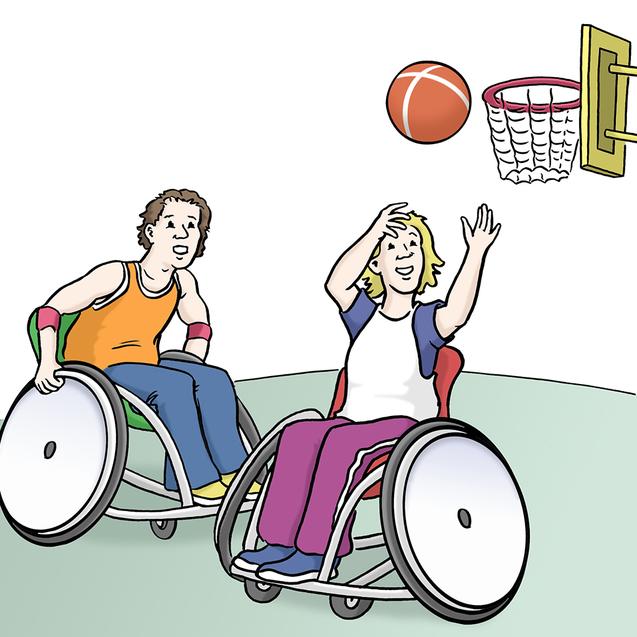 Zwei Menschen im Rollstuhl spielen Basketball. Einer wirft einen Ball auf den Korb, der andere schaut zu.