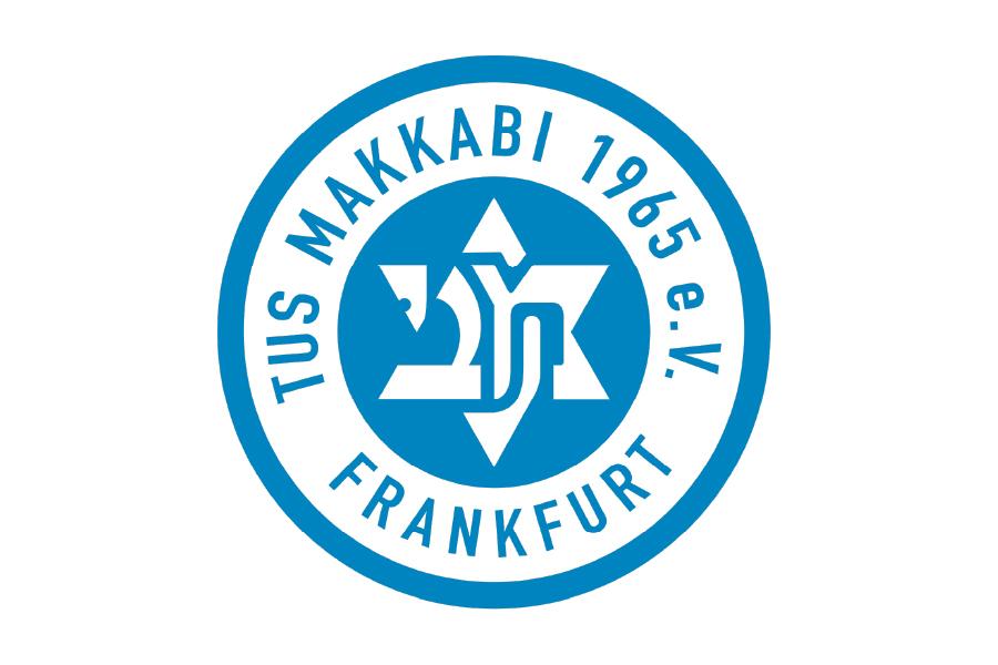 Logo des TuS Makkabi 1965 e.V. Frankfurt in blauer Farbe mit sechszackigem Stern und Text um den Rand.