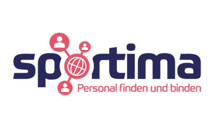Logo von Sportima mit dem Slogan &bdquo;Personal finden und binden&ldquo; und Symbolen von Personen und einer Weltkugel.