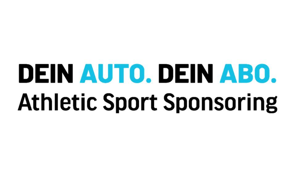 Slogan in schwarz und blau: &bdquo;DEIN AUTO. DEIN ABO. Athletic Sport Sponsoring&ldquo; auf wei&szlig;em Hintergrund.