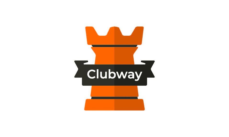 Logo mit einer orangefarbenen Turmfigur und dem Schriftzug &bdquo;Clubway&ldquo; auf einem schwarzen Banner.